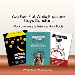 May include: Three book covers with titles: "Emotional Flatness", "Under Constant Pressure", and "Motivation Drop". The first features a yellow umbrella with sad faces. The second shows a woman with a thought bubble. The third has a stopwatch.