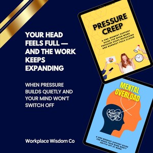 May include: Two tablets displaying self-help guides on a dark blue background. One tablet shows "Pressure Creep" with a woman and graphics. The other shows "Mental Overload" with a silhouette and tangled lines. Text reads "Your head feels full - and the work keeps expanding."