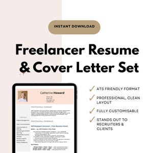 May include: A digital product featuring a Freelancer Resume & Cover Letter Set. The design includes a tablet displaying a resume template with a photo and text. The text includes "Instant Download" and bullet points highlighting key features.
