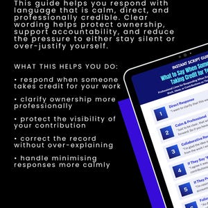 Może przedstawiać: Cyfrowy tablet wyświetla przewodnik zatytułowany &bdquo;Co powiedzieć, gdy ktoś przypisuje sobie zasługi za Twoją pracę&rdquo;. Ekran pokazuje ponumerowane kroki dla profesjonalnych odpowiedzi. Tekst zawiera &bdquo;Workplace Wisdom Co&rdquo; i porady dotyczące jasnej komunikacji.