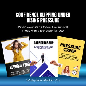 May include: Image features three book covers with the titles "Burnout Fear", "Confidence Slip", and "Pressure Creep". The text "Confidence Slipping Under Rising Pressure" is at the top. The Workplace Wisdom Co. logo is at the bottom.