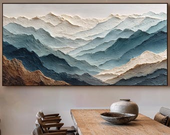 テクスチャのある山の風景油絵、ニュートラルな抽象アートワーク