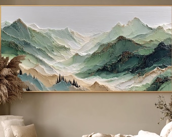 Textured Mountain Landscape Oil Painting, Green Neutral Nature Art
