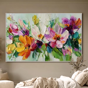 Original handgemaltes Ölgemälde Abstrakte bunte Blumenwand Kunst Palettenmesser Wanddekor