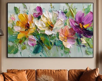 Pittura a olio originale dipinta a mano su tela con spatola, astratta, colorata, floreale, da parete