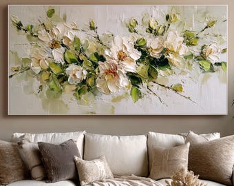 Dipinto ad olio originale dipinto a mano, astratto floreale, arte murale orizzontale a impasto, decorazione murale materica per soggiorno.