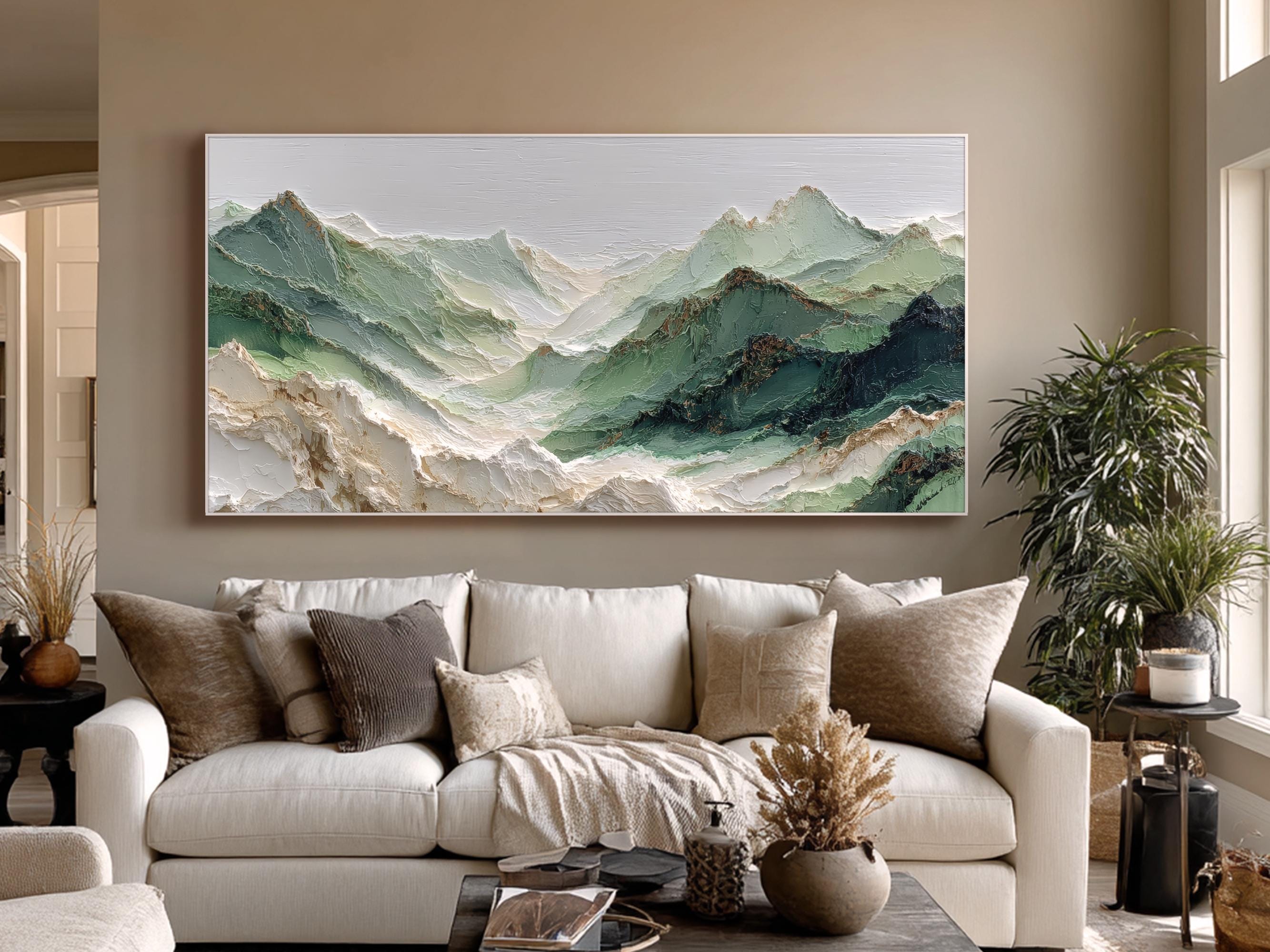 Textured Green Mountain Oil Painting, Hand-painted Landscape Wall Art ...