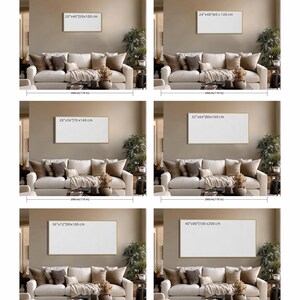 Pu&ograve; includere: Sei stampe artistiche incorniciate di varie dimensioni sono esposte sopra un divano beige. Le stampe sono rettangolari con cornici dorate. Le dimensioni sono 50x100cm, 60x120cm, 70x140cm, 80x160cm, 90x180cm e 100x200cm.