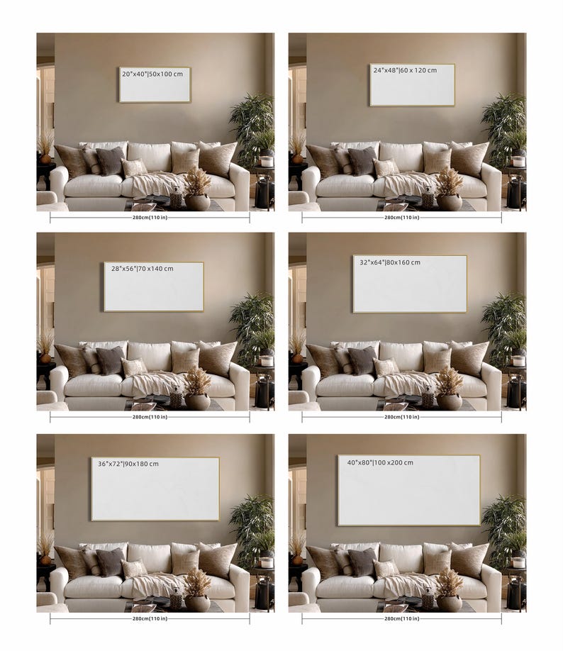 Pu&ograve; includere: Sei stampe artistiche incorniciate di varie dimensioni sono esposte sopra un divano beige. Le stampe sono rettangolari con cornici dorate. Le dimensioni sono 50x100cm, 60x120cm, 70x140cm, 80x160cm, 90x180cm e 100x200cm.
