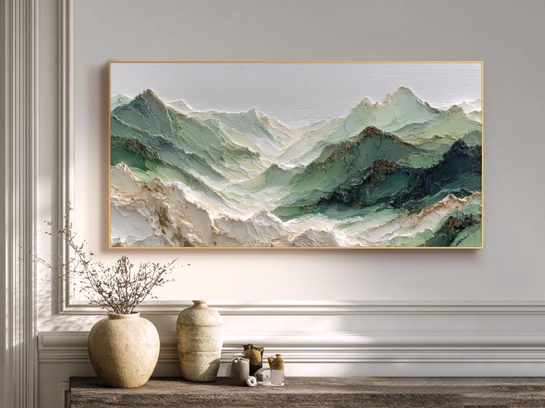 Textured Green Mountain Oil Painting, Hand-painted Landscape Wall Art ...