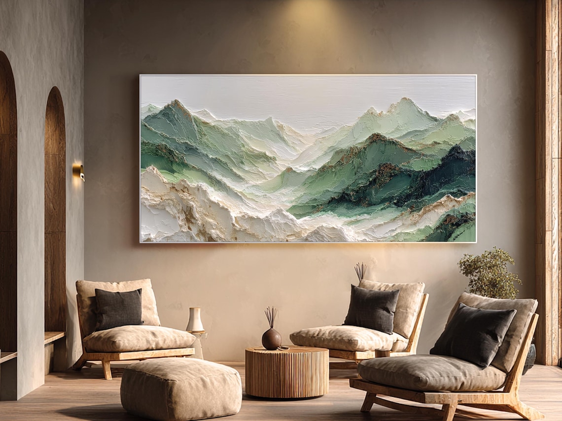 Textured Green Mountain Oil Painting, Hand-painted Landscape Wall Art ...