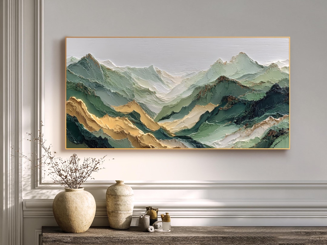 Textured Mountain Landscape Oil Painting, Green Earth Tone Canvas Wall ...