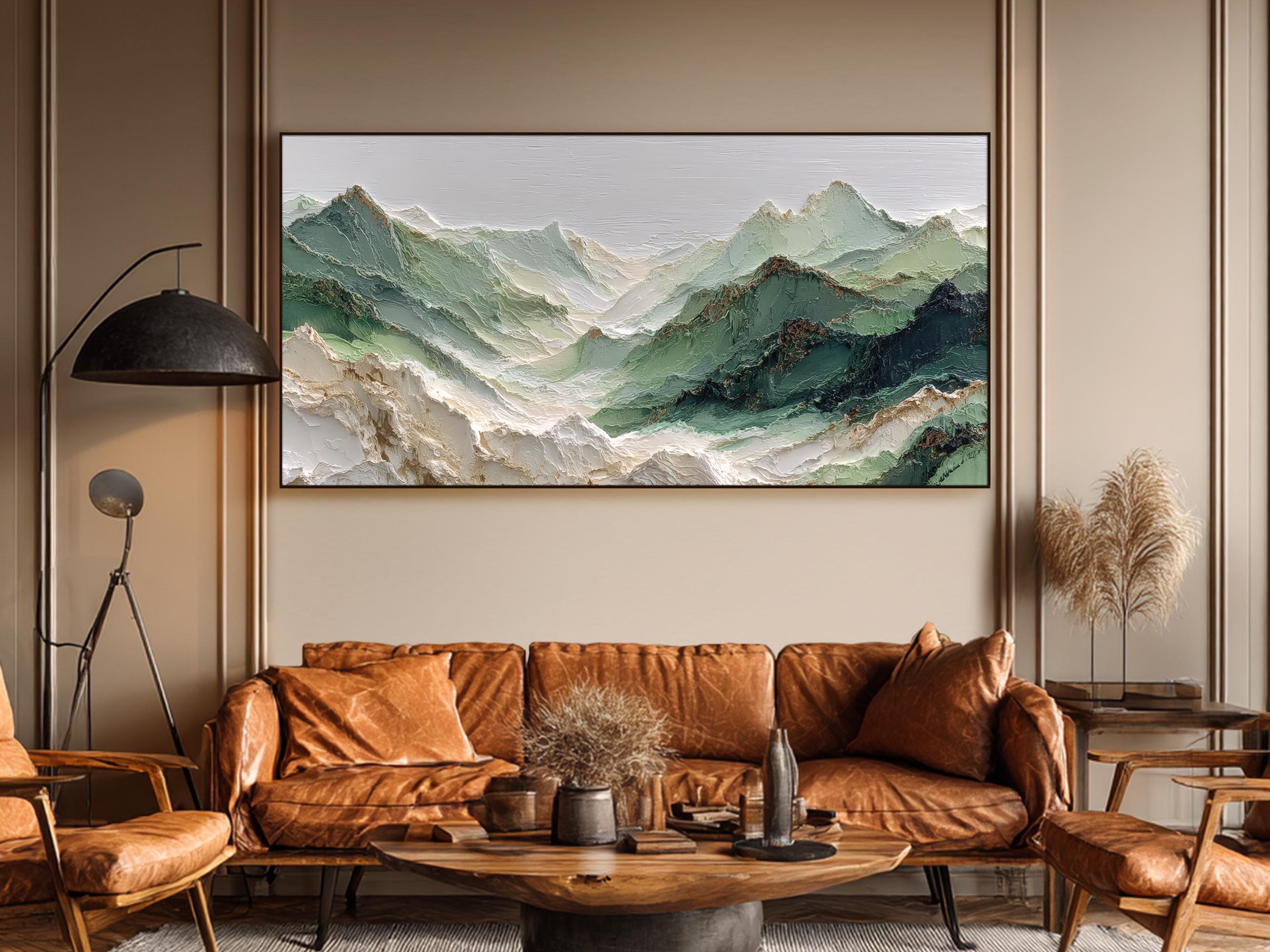 Textured Green Mountain Oil Painting, Hand-painted Landscape Wall Art ...
