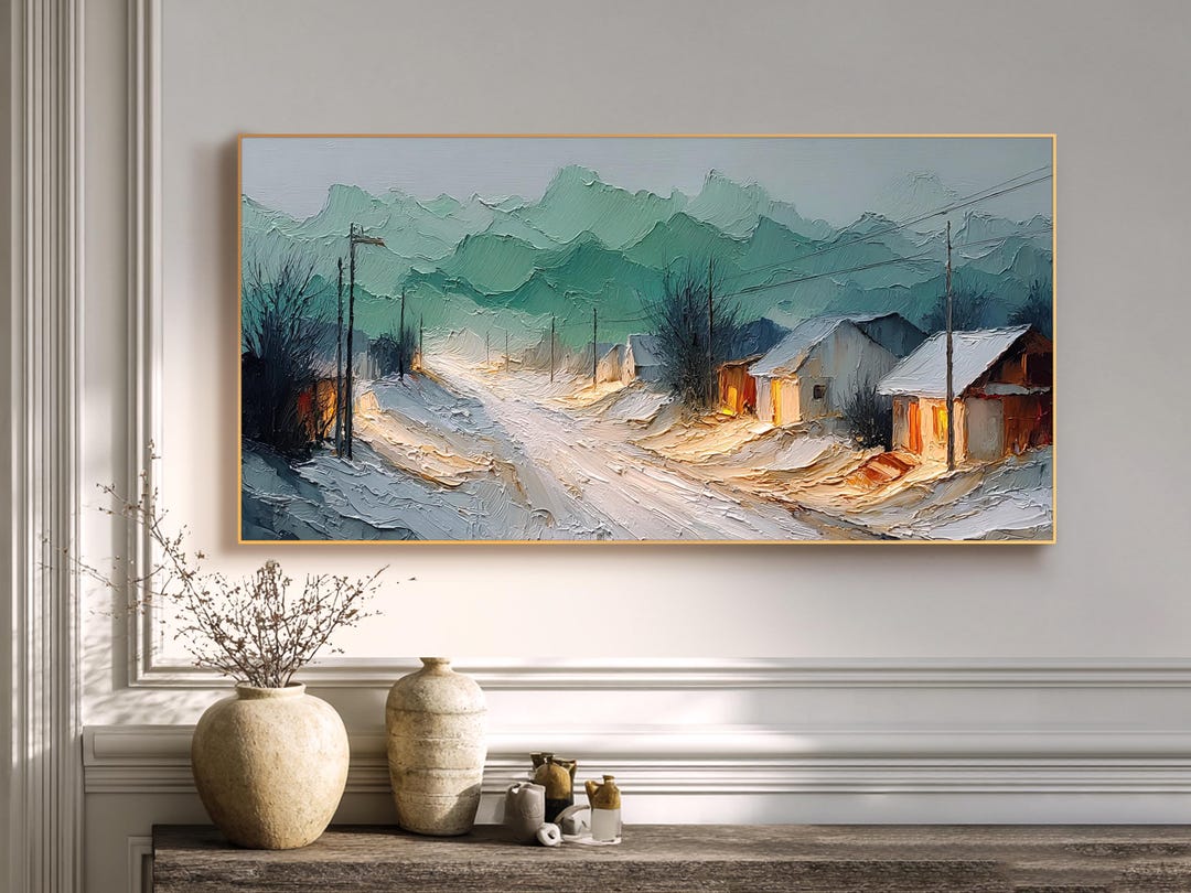 Winter Village Landscape Oil Painting Abstract Nature Wall Art Handmade ...