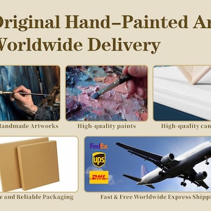 Pu&ograve; includere: Immagine che promuove l'arte originale dipinta a mano con consegna in tutto il mondo. Mostra opere d'arte fatte a mano, vernici e tele di alta qualit&agrave;, imballaggio sicuro e spedizione veloce tramite FedEx, UPS e DHL. Il testo recita "Original Hand-Painted Art Worldwide Delivery."