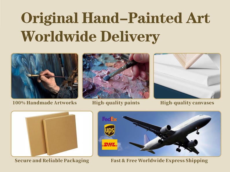 Pu&ograve; includere: Immagine che promuove l'arte originale dipinta a mano con consegna in tutto il mondo. Mostra opere d'arte fatte a mano, vernici e tele di alta qualit&agrave;, imballaggio sicuro e spedizione veloce tramite FedEx, UPS e DHL. Il testo recita "Original Hand-Painted Art Worldwide Delivery."