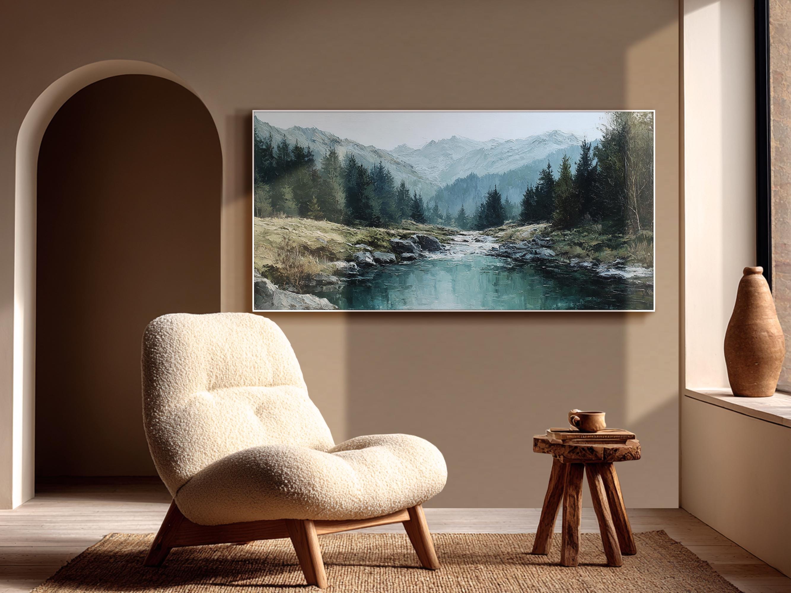 Original Landscape Oil Painting Hand Painted Mountain River Wall Art ...