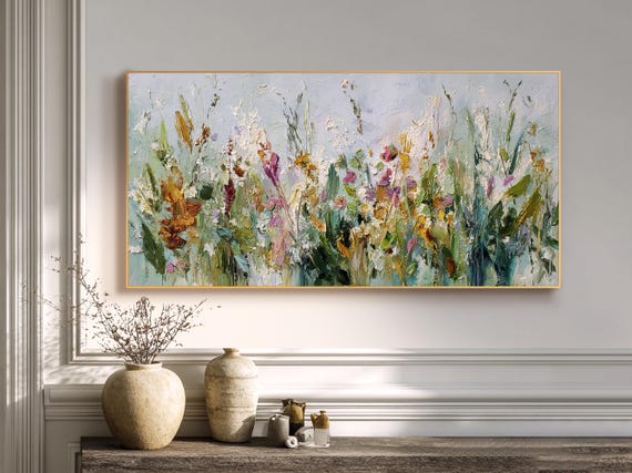 Abstract Wildflower Oil Painting Original Textured Meadow Wall Art Large Horizontal Canvas Artwork