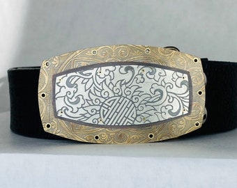 Sun Belt Buckle ~ sterling silver ~ brass ~ copper ~ steel backing ~ etched  ~  3 3/8" x 1 7/8" ~ holds leather belt 1.5" wide not included