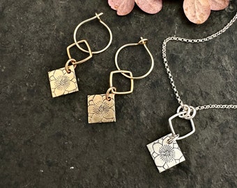 Clematis flower necklace ~ clematis earrings ~  sterling silver ~ mixed metal ~ silver and bronze ~ 14k gold fill ~ stamped square charm