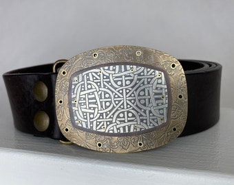 Belt Buckle ~ sterling silver ~ brass ~ copper ~ steel backing ~ etched ~ rivets ~ 2 7/8" x 2 2/8" ~ holds belt  1.5" wide not included