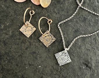 Daisy earrings ~  necklace ~ sterling silver  ~ gold fill ~ etched flower  ~ stamped floral pattern