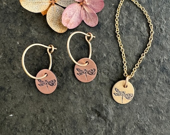 Dragonfly Earrings ~ small round necklace ~ sterling silver ~ copper ~ gold fill ~ mixed metal