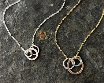 Mixed metal circle necklace ~ 3 ring charm ~ loose ring circle on short rolo chain ~ floating circles ~ sterling silver  bronze gold fill