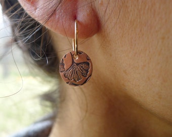 Copper Ginkgo earrings ~ mixed metal ~ Boho Round Charm ~ handmade hoop ~ copper circle ~ bronze top ~ sterling silver ~ 14k gold fill