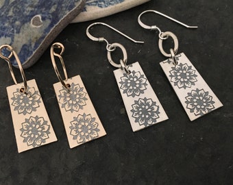 Carnation Earrings ~ sterling silver ~ 14k gold fill ~ handmade hoop or shepherd hook ~ floral patterned ~ flower stamped charm on hoop