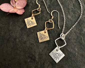 Bee charm necklace ~ sterling silver ~ mixed metal w/ bronze ~ 14k gold fill ~ Roma square charm on short rolo chain ~ Canadian made