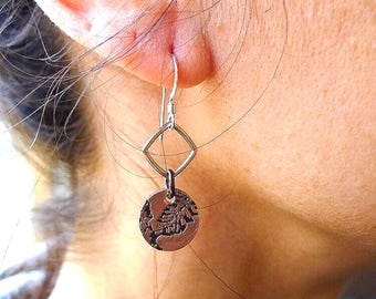 Copper Fern Earrings, Sterling Silver or 14k Gold Fill Hoops, Boho Charm Jewelry, leaf