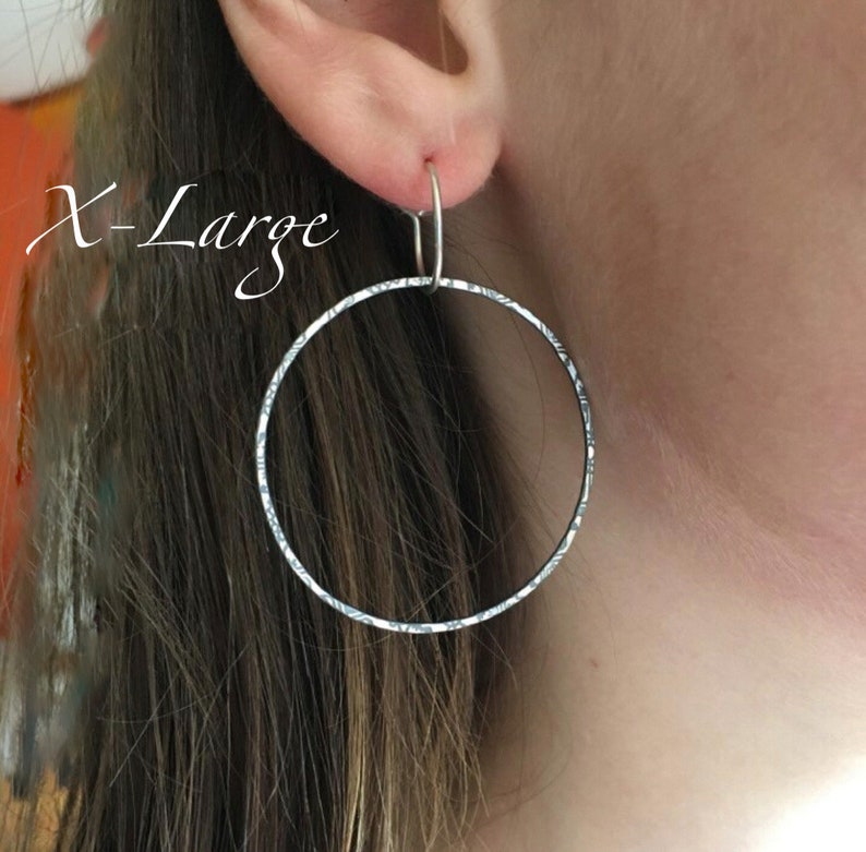 Full Moon Earrings large thin light circle hoops textured sterling silver or 14k gold fill handmade sleeper comfortable hoops image 8