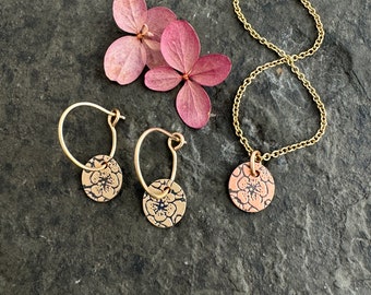Cherry Blossom Earrings ~  Round pendant ~ small round necklace  ~ sterling silver charm ~ copper ~ gold fill