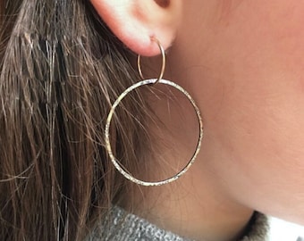 Full Moon Earrings ~ large thin light circle hoops ~ textured sterling silver or 14k gold fill ~ handmade sleeper ~ comfortable hoops