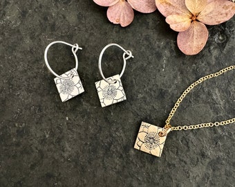 Clematis flower earrings ~ clematis necklace ~ sterling silver  ~ 14k gold fill ~ sleepers ~ stamped charm on hoop ~ flower charm necklace