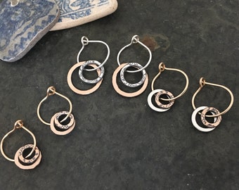 Mixed Metal circle earrings ~ Amrita round charm ~ sterling silver ~ gold fill ~ bronze ~ 7/16” ~ 5/8” ~ everyday comfortable sleeper hoops