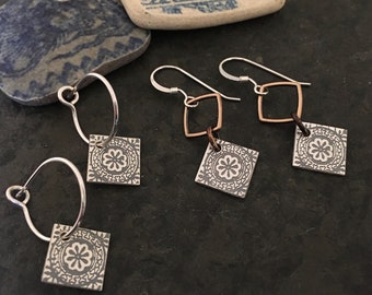 Flower mandala earrings ~ sterling silver ~ mixed metal w/ bronze ~ 14k gold fill ~ sleepers ~ great for kids ~  Roma square dangly charm