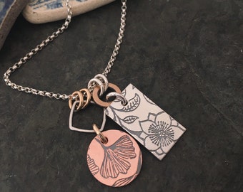 Boho Clematis Dog Tag Necklace  ~ sterling silver charm + chain ~ gold fill chain ~ mixed metal ~ copper leaf charm ~ posies dogtag
