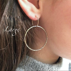 Full Moon Earrings large thin light circle hoops textured sterling silver or 14k gold fill handmade sleeper comfortable hoops image 7