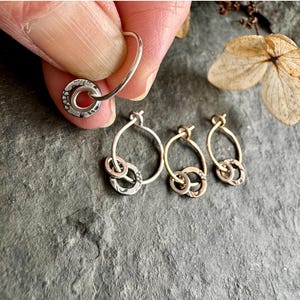 Mixed Metal circle earrings ~  silver ear hoop ~ round charm  ~ sterling silver ~ gold fill ~ bronze  ~ everyday comfortable sleeper hoops