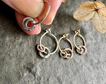 Mixed Metal circle earrings ~  silver ear hoop ~ round charm  ~ sterling silver ~ gold fill ~ bronze  ~ everyday comfortable sleeper hoops