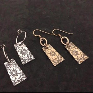 Large Flower Earrings ~ sterling silver ~ 14k gold fill ~ handmade hoop or shepherd hook ~ floral pattern stamped charm
