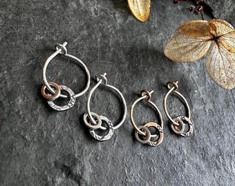 Mixed Metal Earrings ~  silver ear hoop ~ round charm  ~ sterling silver ~ gold fill ~ bronze  ~ everyday comfortable ~ sleepers