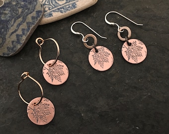 Copper Maple Leaf earrings~ Boho Round Charm ~ handmade hoop ~ copper circle ~ bronze top ~ sterling silver ~ 14k gold fill ~ Canadian Maple