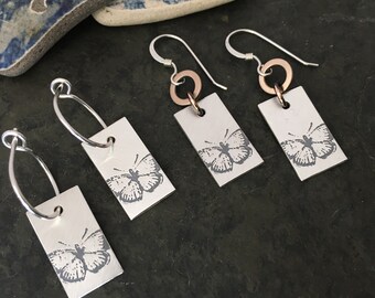 Butterfly charm earrings ~ sterling silver ~ mixed metal w/ silver and bronze ~ hoop sleeper ~ cherry blossom  ~ stamped charm hoops