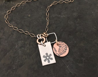 Boho Snowflake Dogtag Necklace ~ sterling silver charm + chain ~ gold fill chain ~ mixed metal ~ mandala pattern on back ~ copper charm