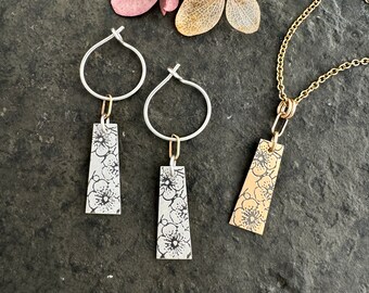 Cherry Blossom Earrings ~ necklace ~ stamped flower pendant ~ mixed metal ~ sterling silver ~ gold fill ~ Sakura
