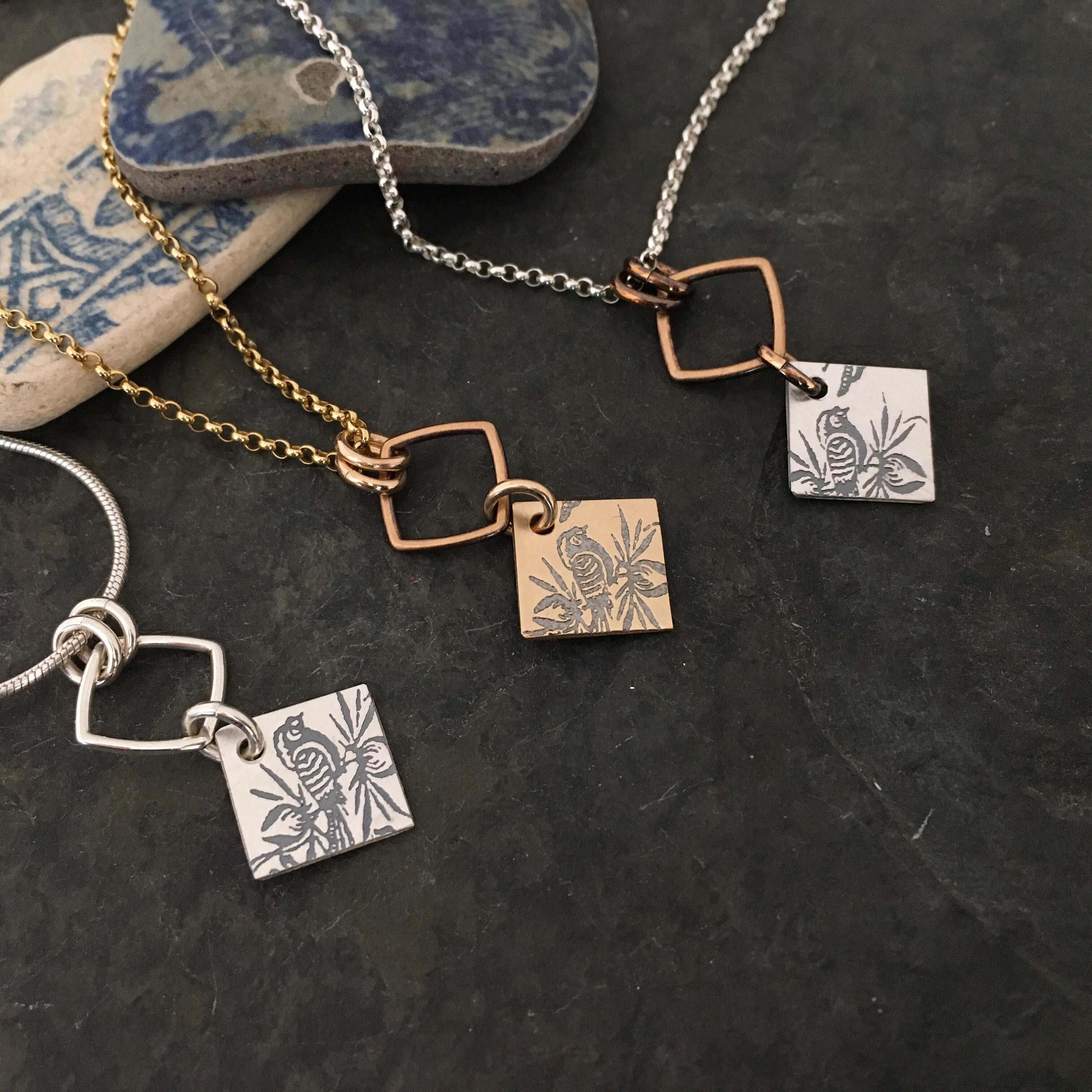 Bird Roma earrings ~ sterling silver ~ mixed metal w bronze ~ 14k gold fill ~ sleepers ~ great for kids ~ stamped square charm