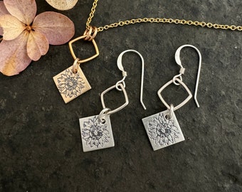 Sunflower earrings ~ necklace ~ sterling silver  ~ mixed metal  ~ gold fill ~ etched flower pendant ~ gift for gardener